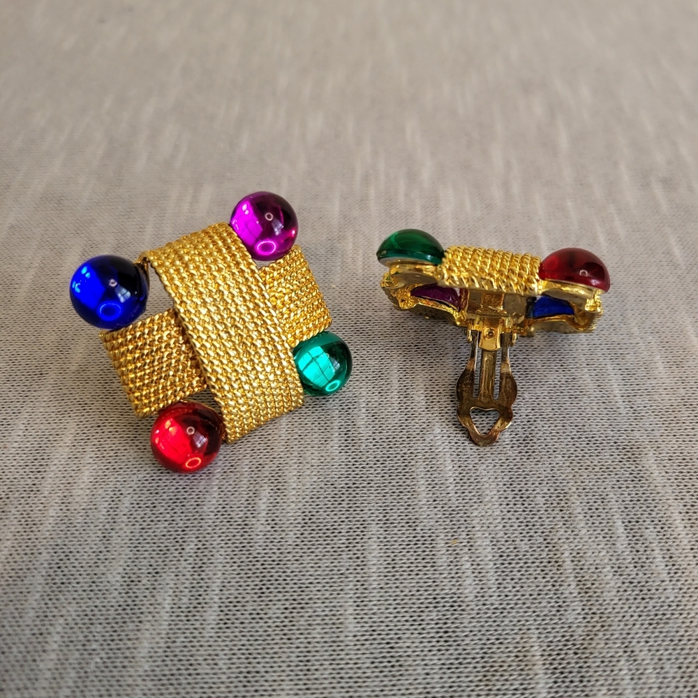 Retro Clip-on Gold Mesh Multi Color Square Earrings
